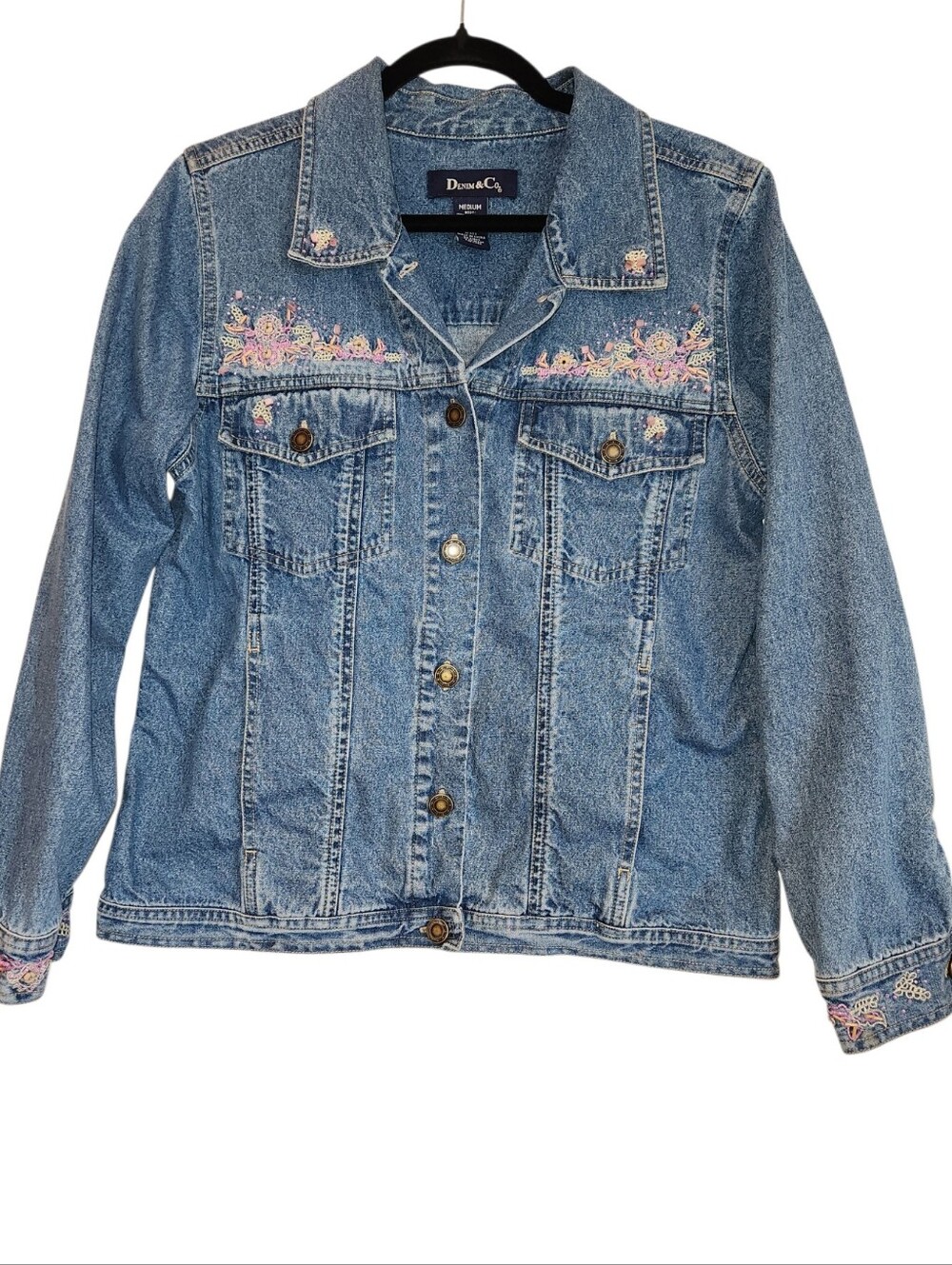 Vintage Denim & Co Embroidered Beaded Denim Jean Jacket Size M Cottagecore Boho